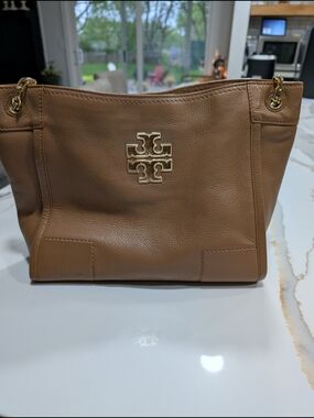 Tory Burch Cognac Pebbled Leather Tote with Gold Logo